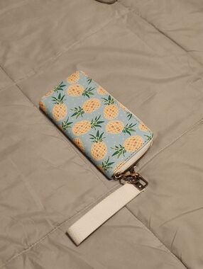 Blue Pineapple Wristlet Clutch with Gold Hardware